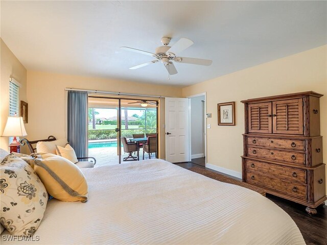 bedroom with dark wood-type flooring, ceiling fan, and access to exterior