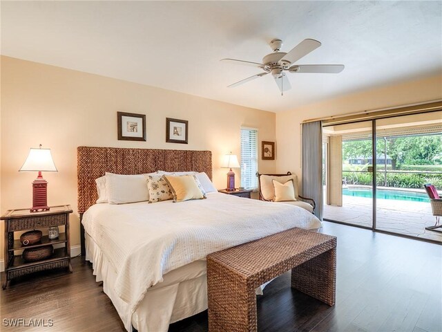 bedroom featuring access to outside, ceiling fan, and dark hardwood / wood-style flooring