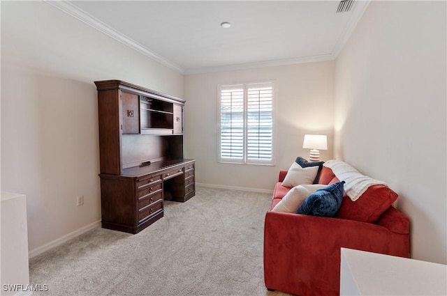 living area with ornamental molding, light carpet, and baseboards