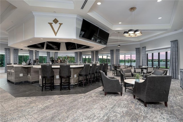 common area featuring a high ceiling, crown molding, recessed lighting, and coffered ceiling