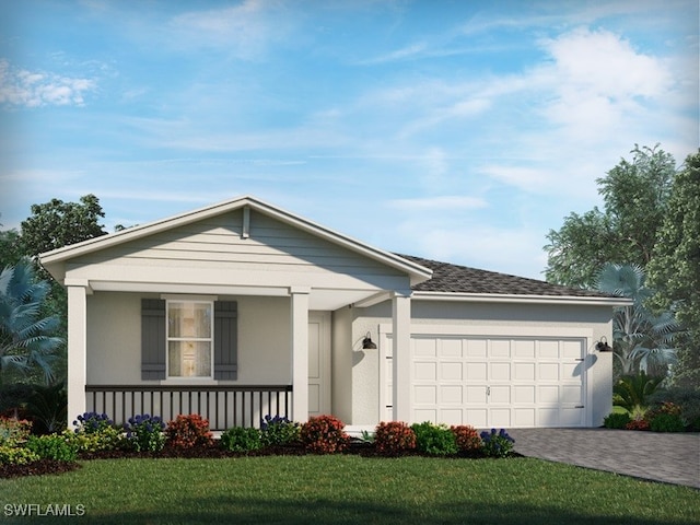 single story home with a garage, a front lawn, and covered porch