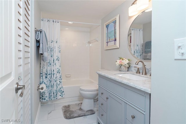 full bathroom with vanity, toilet, and shower / bath combo with shower curtain