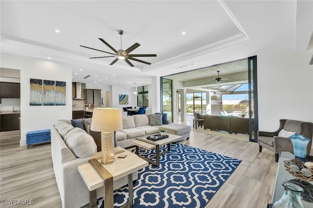 living room with a raised ceiling and light wood-type flooring