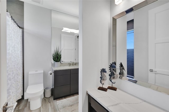 bathroom with hardwood / wood-style floors, vanity, and toilet