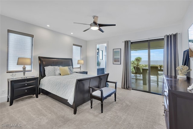 bedroom with access to outside, ceiling fan, and light carpet