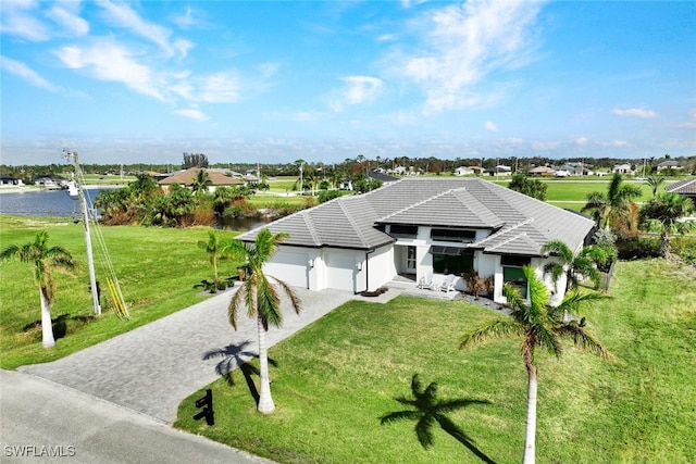 drone / aerial view with a water view