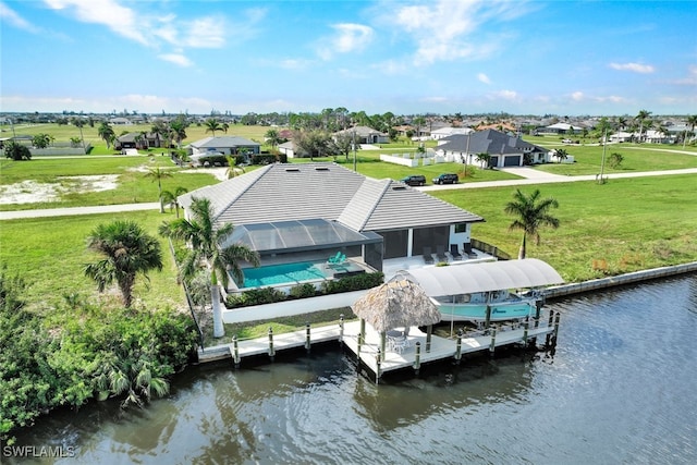 bird's eye view with a water view