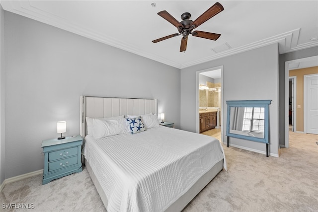 carpeted bedroom with ensuite bathroom, ornamental molding, and ceiling fan