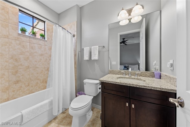 full bathroom featuring vanity, toilet, shower / bath combo, and ceiling fan