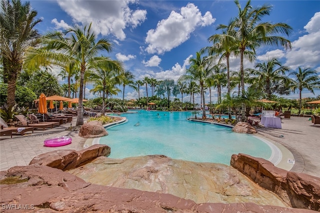 view of swimming pool with a patio