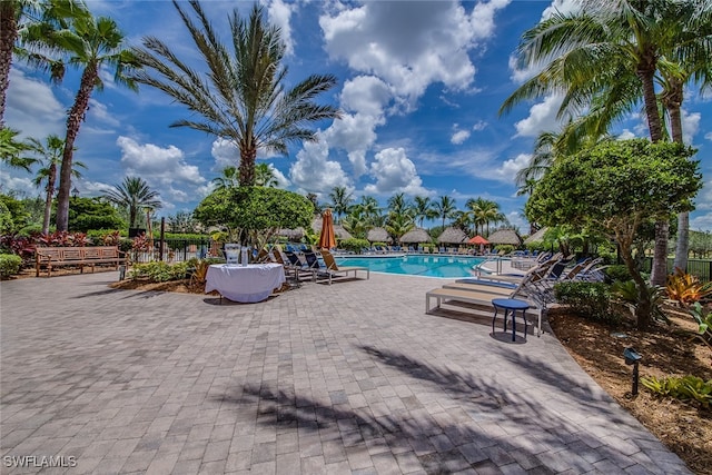 view of swimming pool featuring a patio area