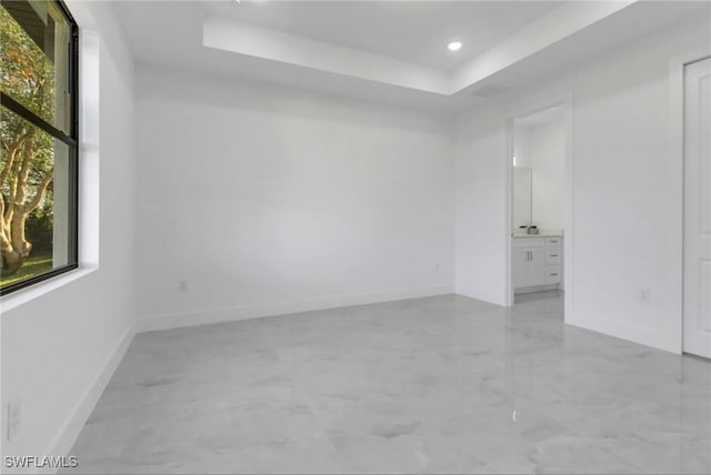 unfurnished room with a raised ceiling