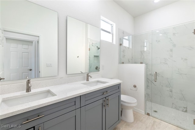 bathroom with toilet, vanity, wood-type flooring, and a shower with door