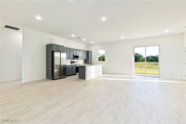 kitchen featuring light hardwood / wood-style floors, appliances with stainless steel finishes, sink, and a center island with sink