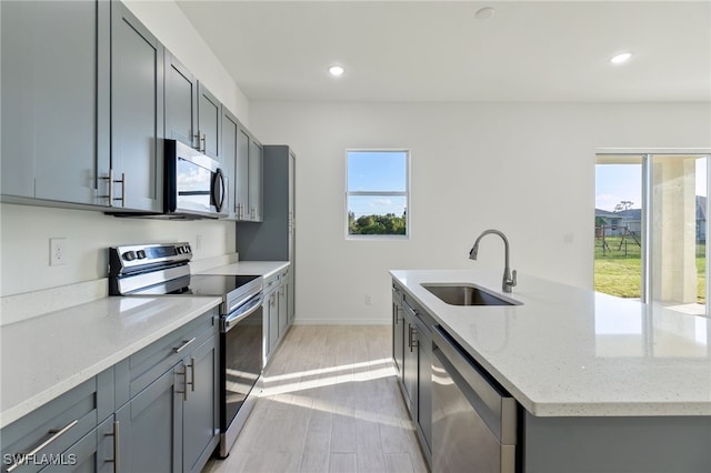 kitchen featuring a healthy amount of sunlight, stainless steel appliances, sink, and light wood-type flooring