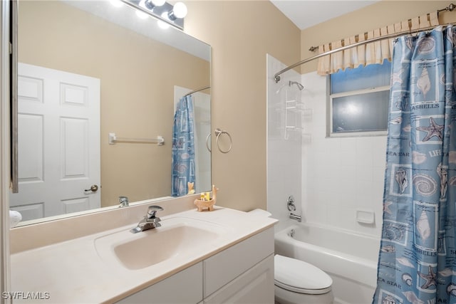 full bathroom with toilet, shower / bath combo with shower curtain, and vanity