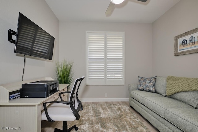 office area featuring hardwood / wood-style flooring and ceiling fan