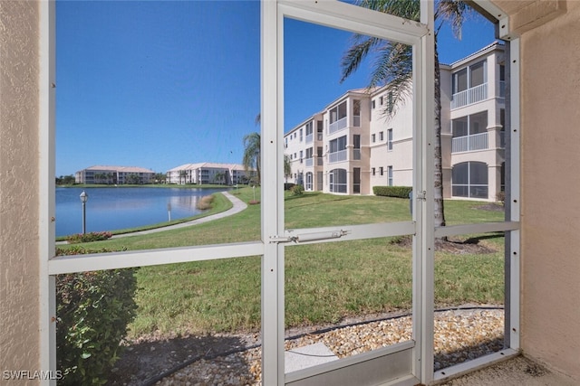 exterior space featuring a water view