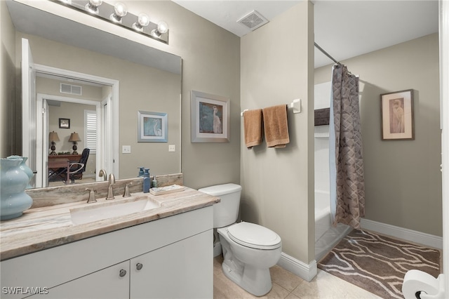 full bathroom featuring toilet, shower / bath combo, vanity, and tile patterned floors