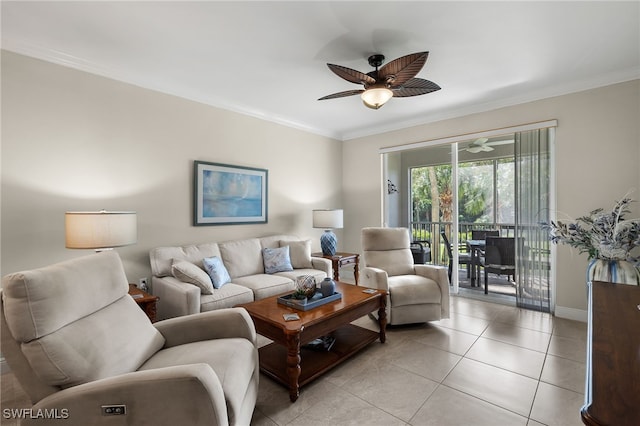 tiled living room featuring crown molding and ceiling fan