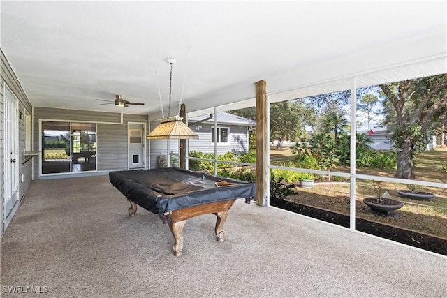 recreation room with ceiling fan, carpet, and billiards