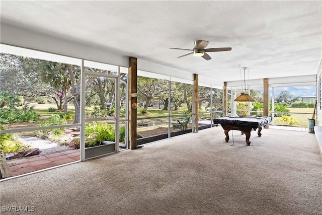 playroom featuring carpet, a textured ceiling, ceiling fan, and billiards