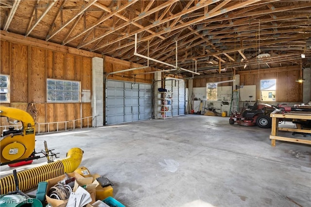 garage with wood walls