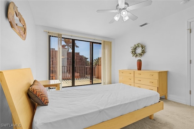 carpeted bedroom with access to exterior and ceiling fan