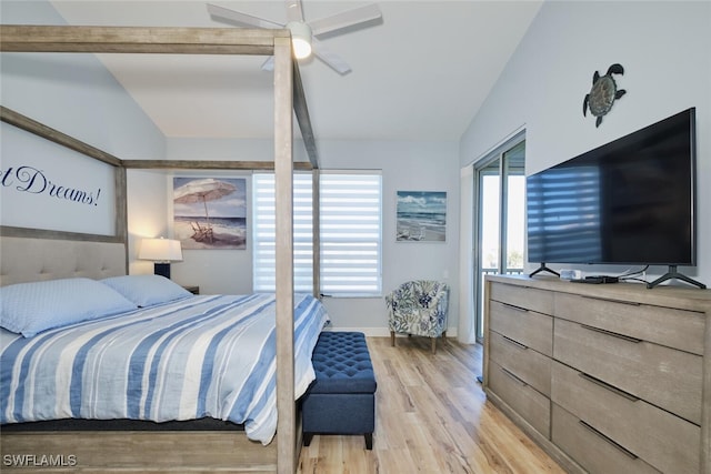 bedroom featuring vaulted ceiling with beams, light hardwood / wood-style floors, and ceiling fan