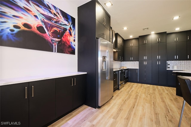 kitchen featuring light hardwood / wood-style floors, stainless steel appliances, and backsplash