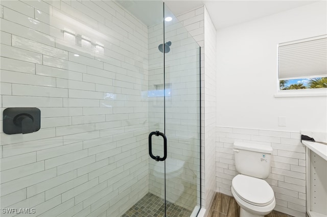 bathroom with tile walls, vanity, toilet, and an enclosed shower