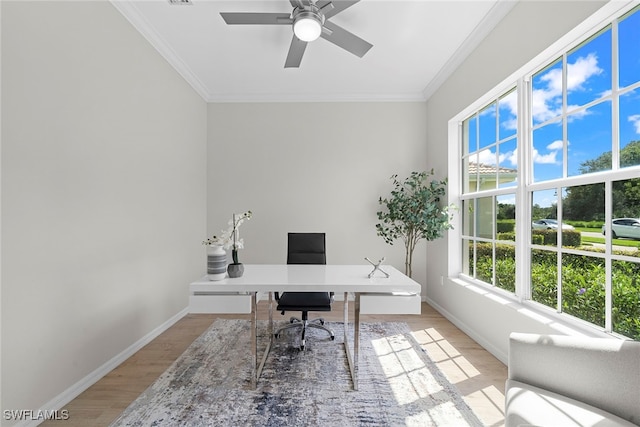 home office featuring crown molding, hardwood / wood-style flooring, and ceiling fan