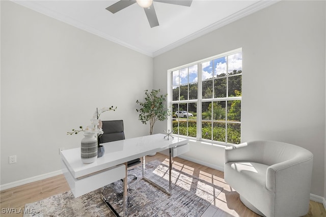 office with crown molding, hardwood / wood-style flooring, and ceiling fan