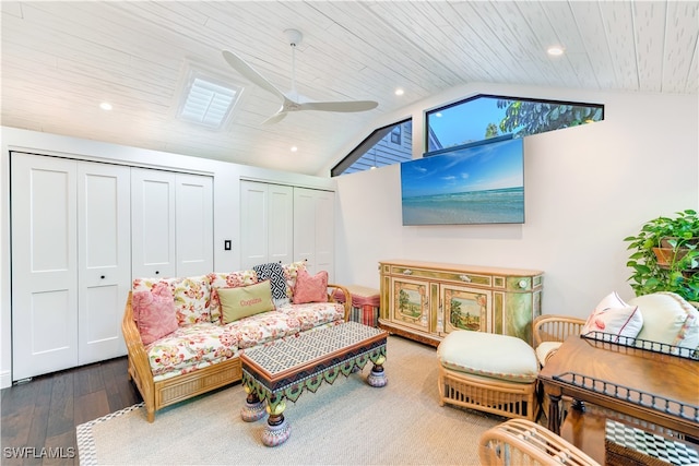 living room with lofted ceiling, hardwood / wood-style floors, wood ceiling, and ceiling fan