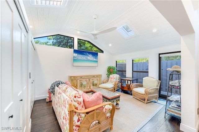 living room with vaulted ceiling, dark hardwood / wood-style floors, wooden ceiling, and ceiling fan