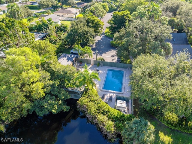 drone / aerial view with a water view