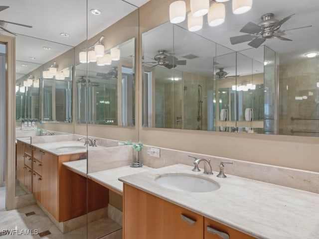 bathroom featuring vanity, tile patterned floors, ceiling fan, and walk in shower