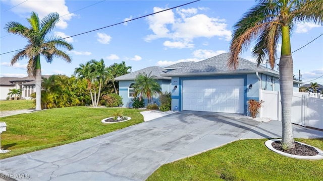 ranch-style house with a front yard and a garage