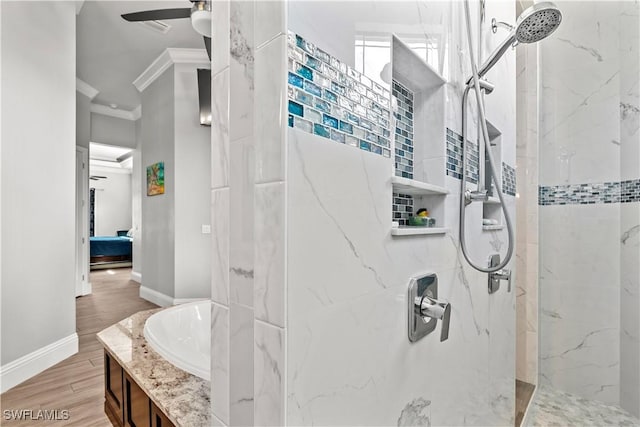 bathroom with ceiling fan, ornamental molding, separate shower and tub, and wood-type flooring