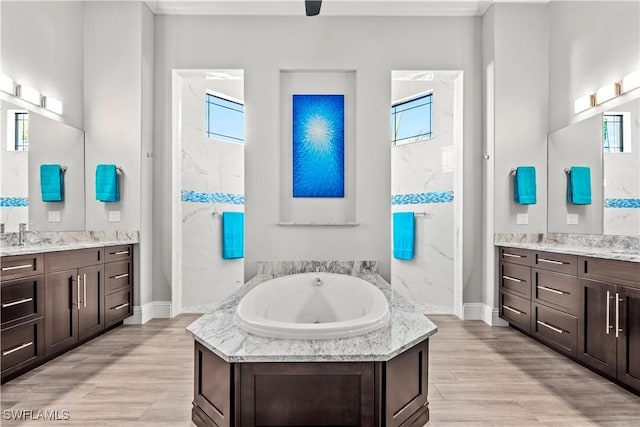 bathroom featuring plenty of natural light, a bathing tub, wood-type flooring, and vanity