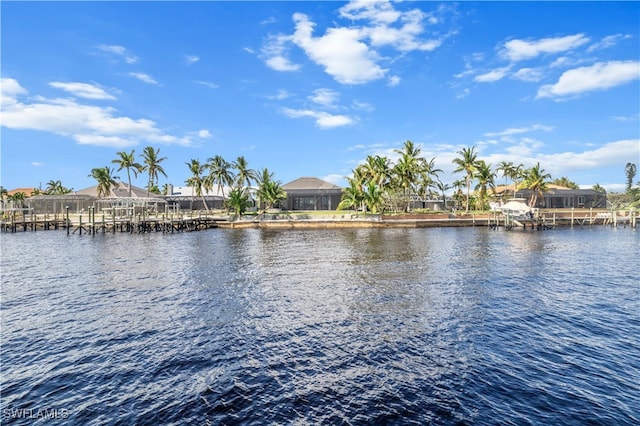 view of water feature with a dock