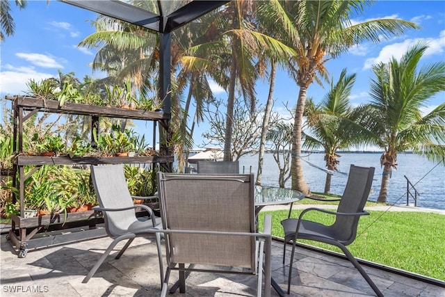 view of patio / terrace with a water view