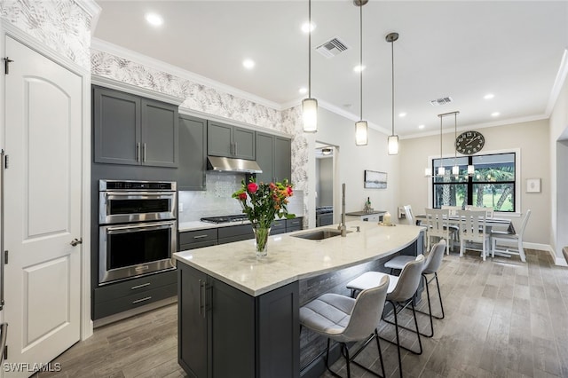 kitchen featuring hardwood / wood-style flooring, light stone counters, appliances with stainless steel finishes, hanging light fixtures, and a kitchen island with sink