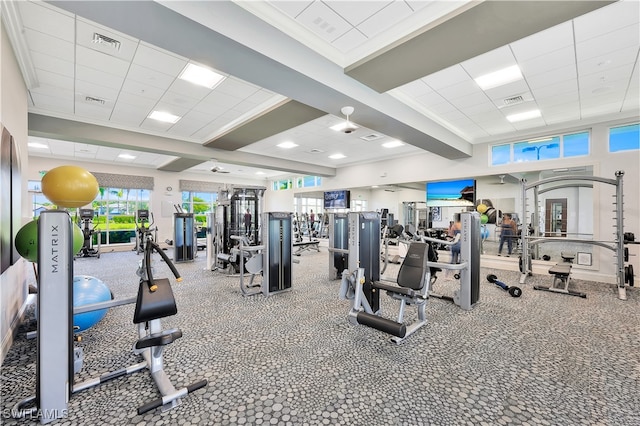 workout area with crown molding and a drop ceiling