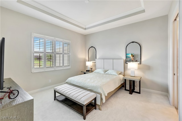 carpeted bedroom featuring a tray ceiling