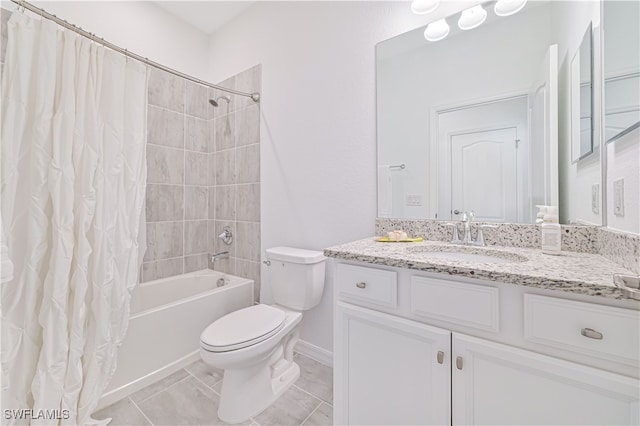 full bathroom with toilet, shower / bath combo, vanity, and tile patterned floors