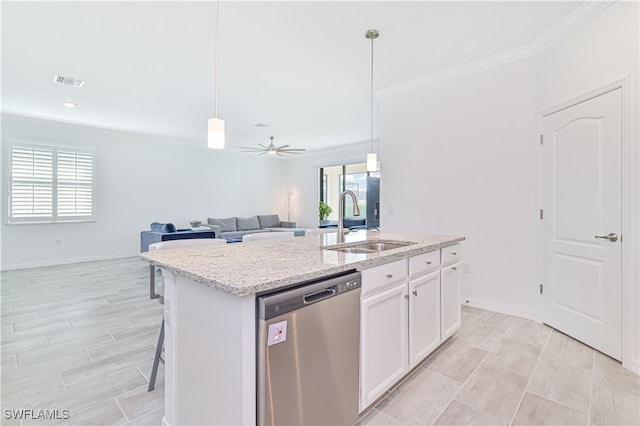 kitchen featuring dishwasher, white cabinetry, a center island with sink, and decorative light fixtures