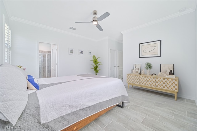 bedroom with ornamental molding, ensuite bath, and ceiling fan