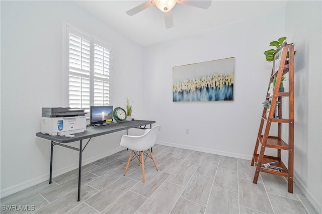 office area featuring light hardwood / wood-style floors and ceiling fan