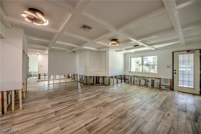 unfurnished room with beam ceiling, hardwood / wood-style floors, and coffered ceiling